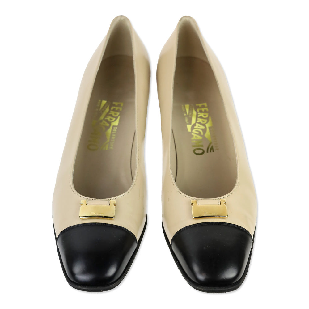 Salvatore Ferragamo Beige Leather Black Cap Toe Gold Accent Pumps