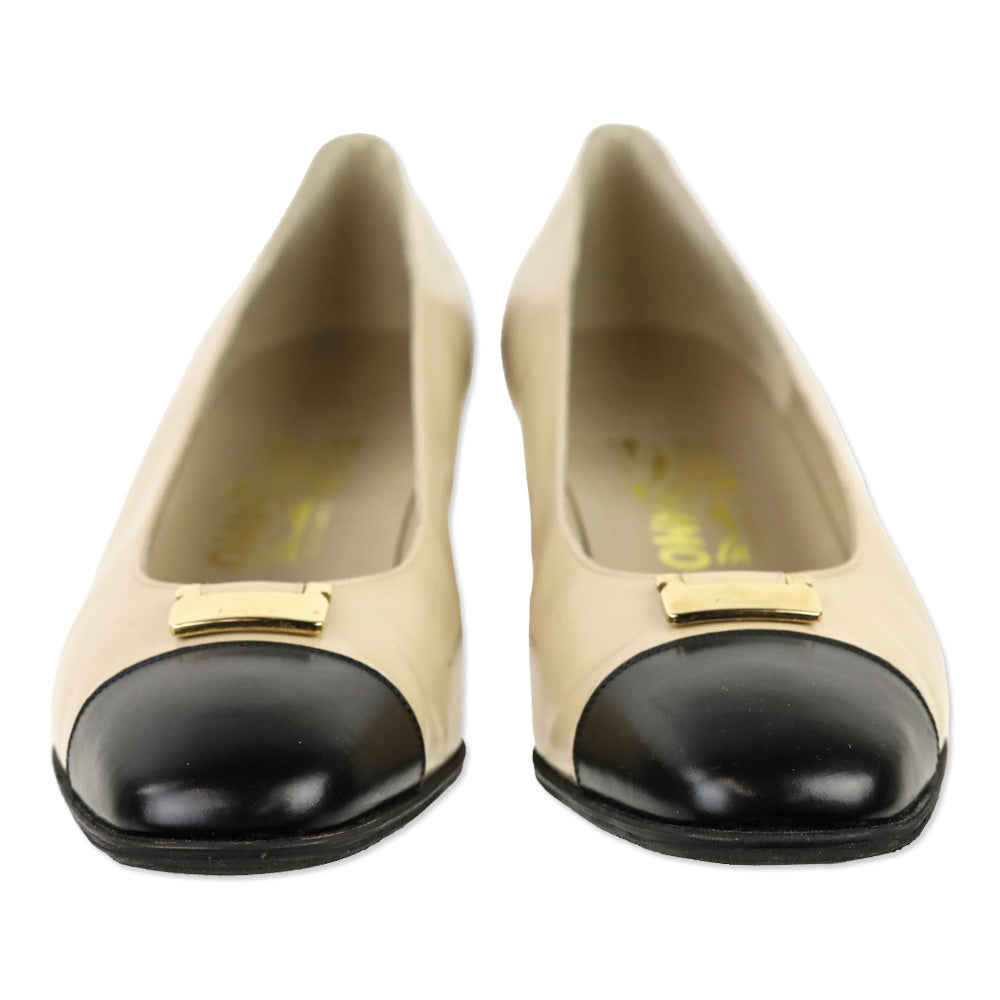 Salvatore Ferragamo Beige Leather Black Cap Toe Gold Accent Pumps
