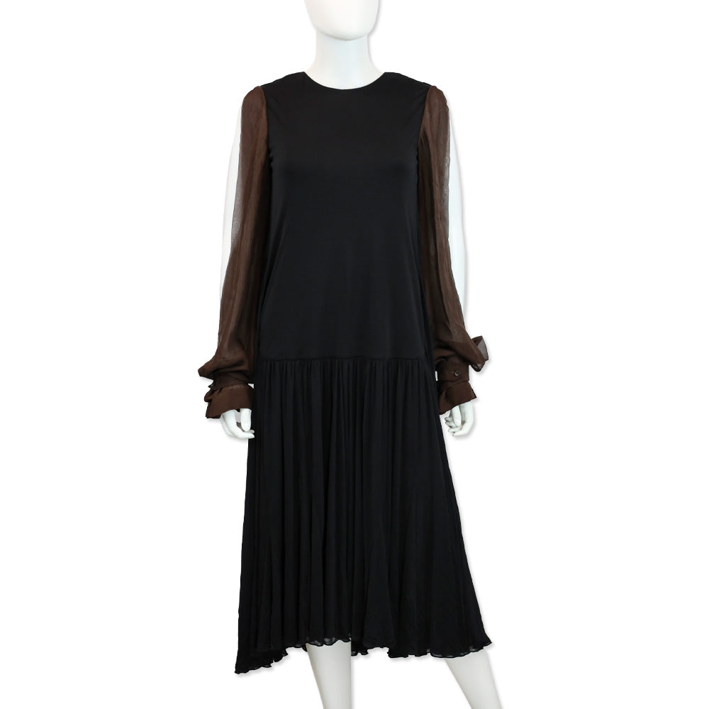 Salvatore Ferragamo Black Crepe Brown Chiffon-Paneled Midi Dress | DBLTKE Luxury Consignment Boutique Salvatore Ferragamo Black Crepe Brown Chiffon-Paneled Midi Dress | DBLTKE Luxury Consignment Boutique