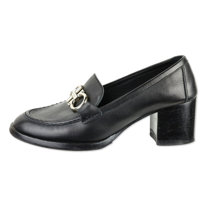 Salvatore Ferragamo Black Leather Gancini Buckle Loafer Pumps