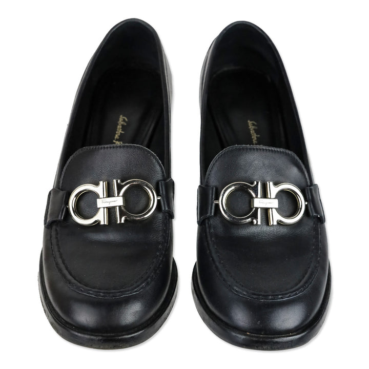 Salvatore Ferragamo Black Leather Gancini Buckle Loafer Pumps