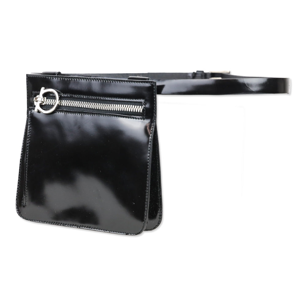 Salvatore Ferragamo Black Patent Leather Gancini Zipper Belt Bag