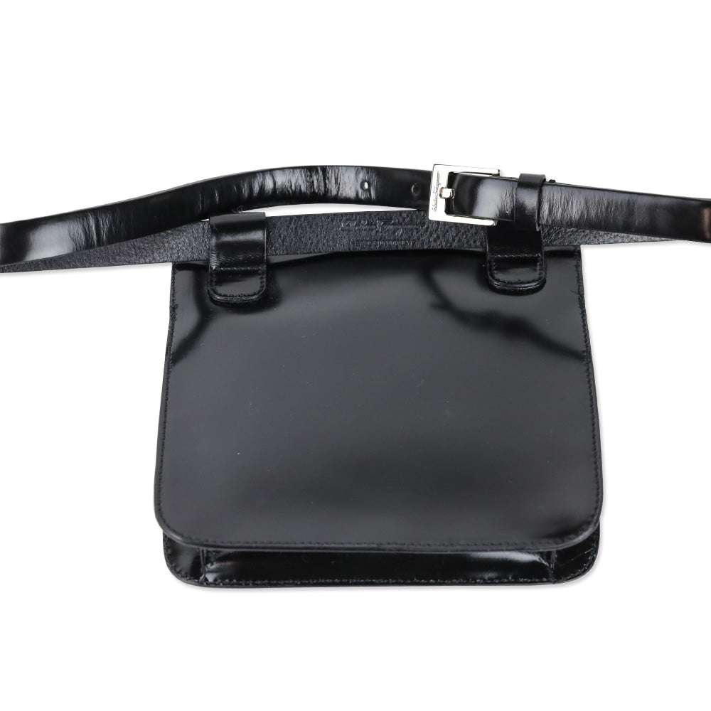 Salvatore Ferragamo Black Patent Leather Gancini Zipper Belt Bag