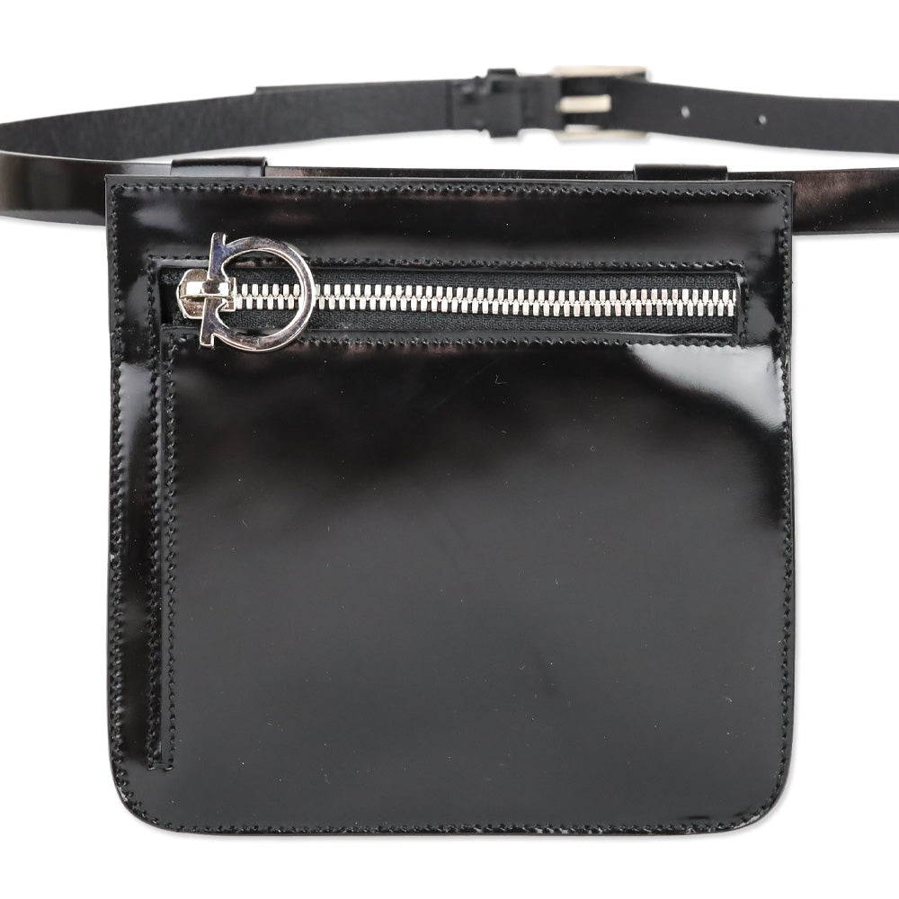 Salvatore Ferragamo Black Patent Leather Gancini Zipper Belt Bag