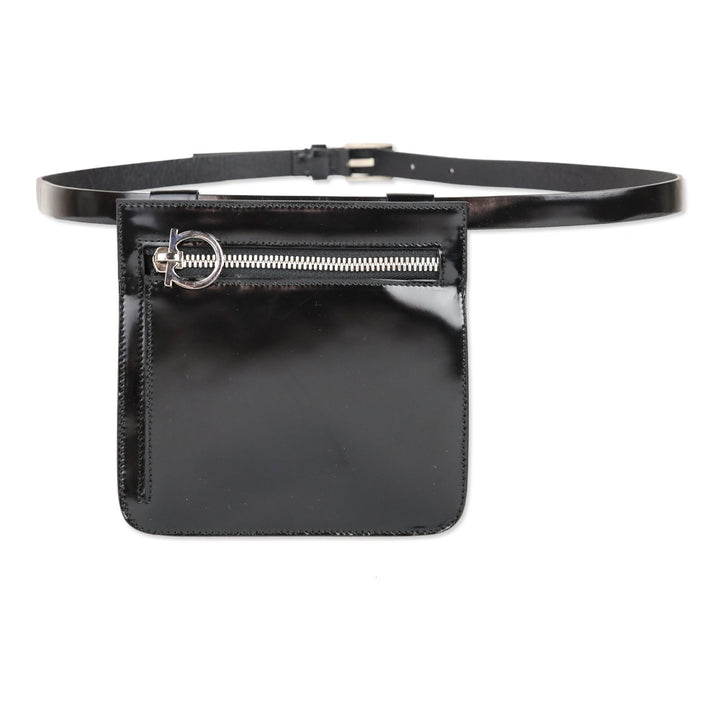 Salvatore Ferragamo Black Patent Leather Gancini Zipper Belt Bag