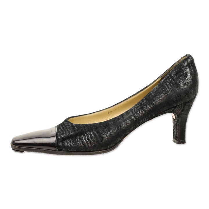 Salvatore Ferragamo Black Shine Suede Patent Cap Toe Pumps