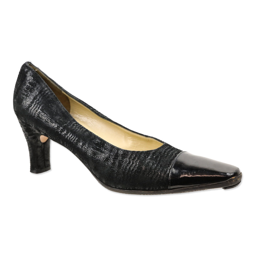 Salvatore Ferragamo Black Shine Suede Patent Cap Toe Pumps