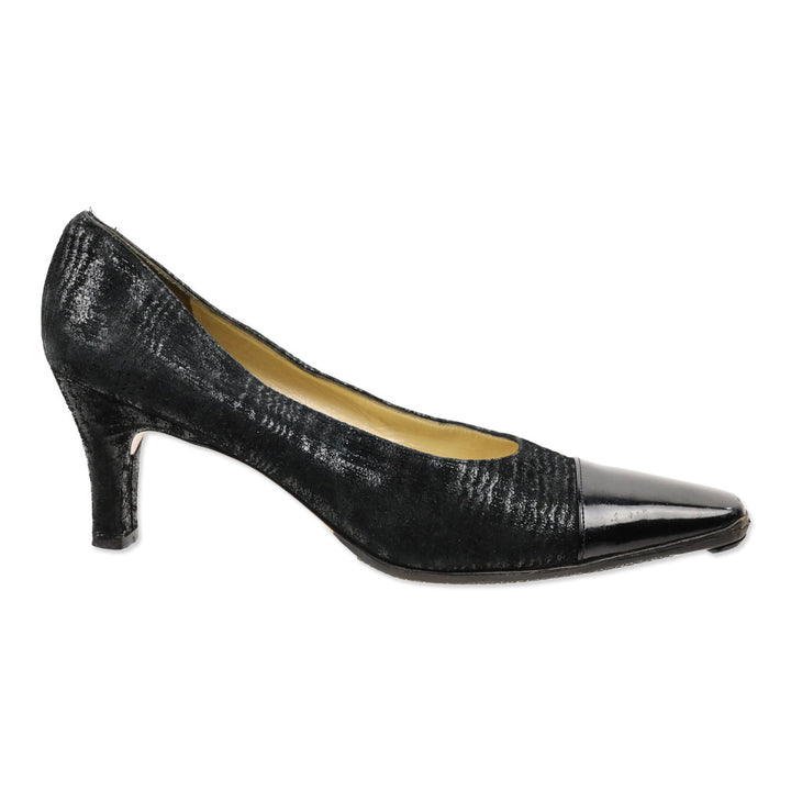 Salvatore Ferragamo Black Shine Suede Patent Cap Toe Pumps