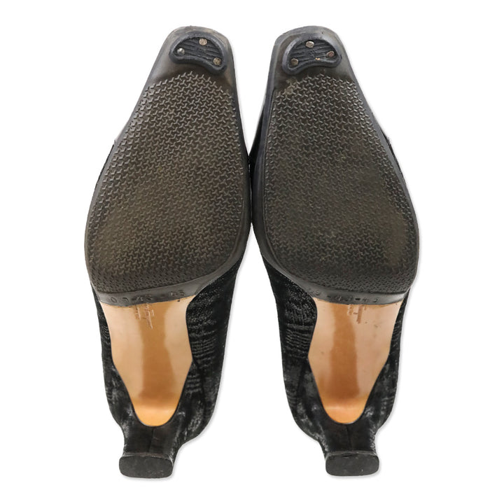 Salvatore Ferragamo Black Shine Suede Patent Cap Toe Pumps