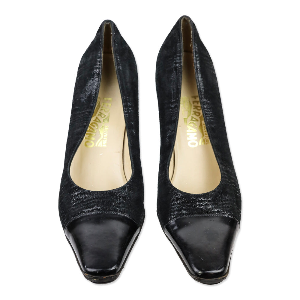 Salvatore Ferragamo Black Shine Suede Patent Cap Toe Pumps