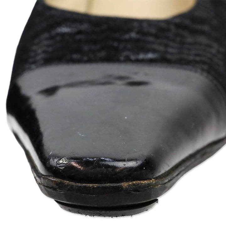 Salvatore Ferragamo Black Shine Suede Patent Cap Toe Pumps