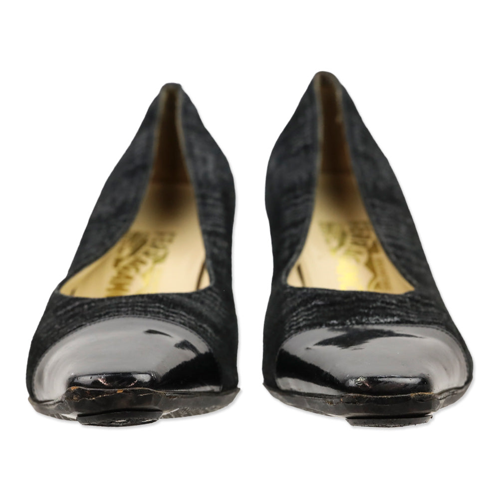 Salvatore Ferragamo Black Shine Suede Patent Cap Toe Pumps
