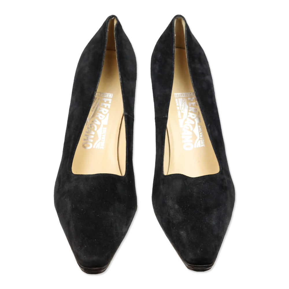 Salvatore Ferragamo Black Suede Pointed Toe Pumps