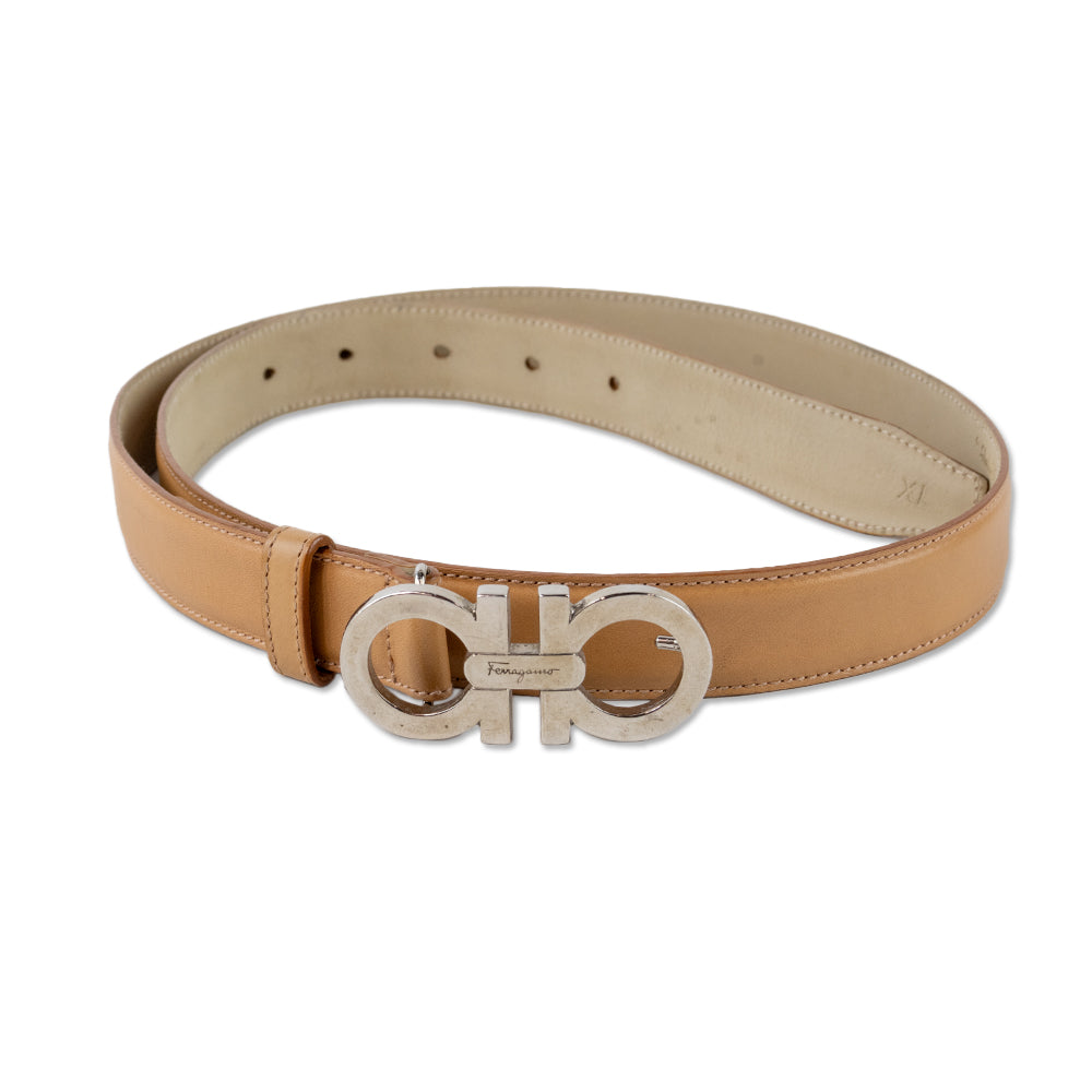 Salvatore Ferragamo Thin Brown Leather Belt with Silver Buckle DBLTKE Luxury Consignment Boutique