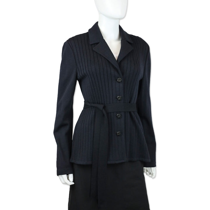 St. John Navy Santana Ribbed Knit Belted Jacket