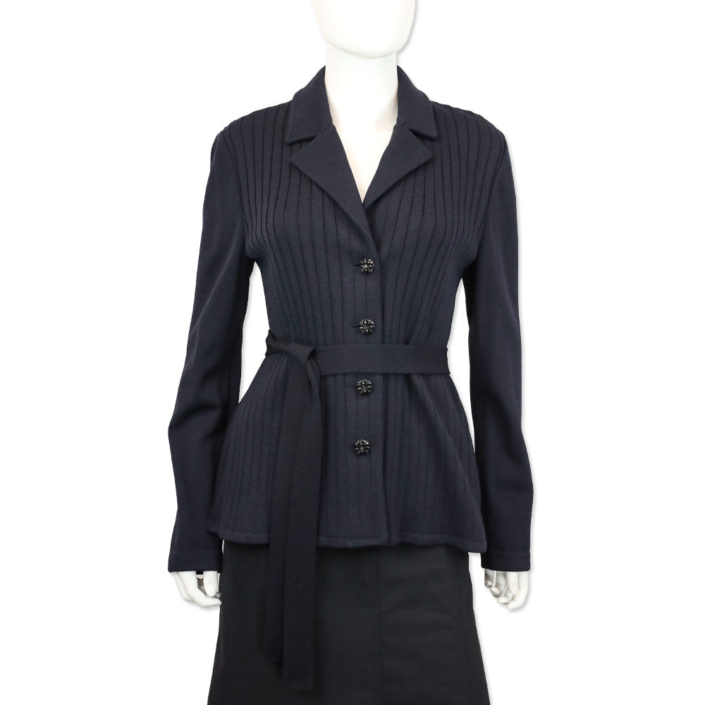 St. John Navy Santana Ribbed Knit Belted Jacket