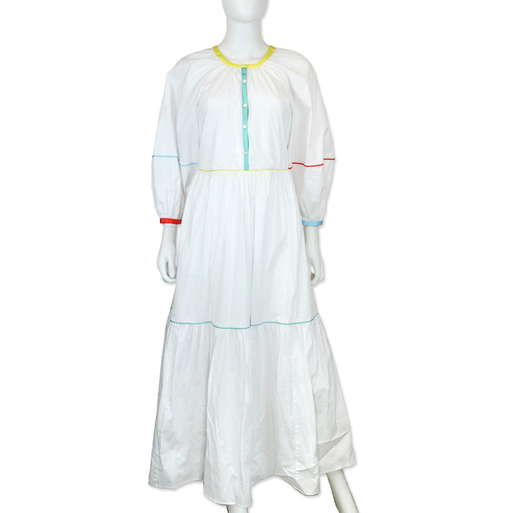 Staud White Cotton Demi Tiered Short Puff-Sleeve Prairie Peasant Maxi Dress Staud White Cotton Demi Tiered Short Puff-Sleeve Prairie Peasant Maxi Dress