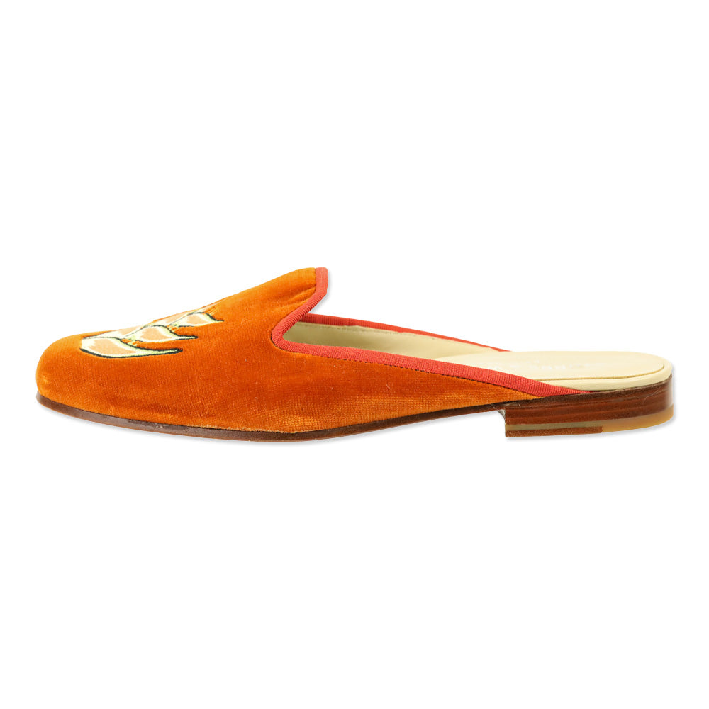 Stubbs & Wootton Floral Orange Velvet Mule Flat