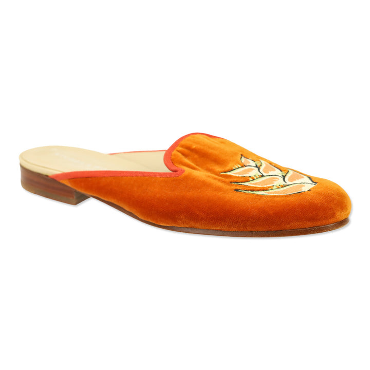 Stubbs & Wootton Floral Orange Velvet Mule Flat