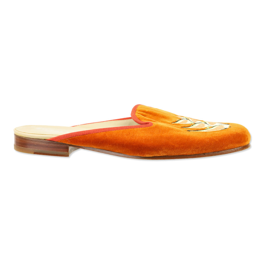 Stubbs & Wootton Floral Orange Velvet Mule Flat