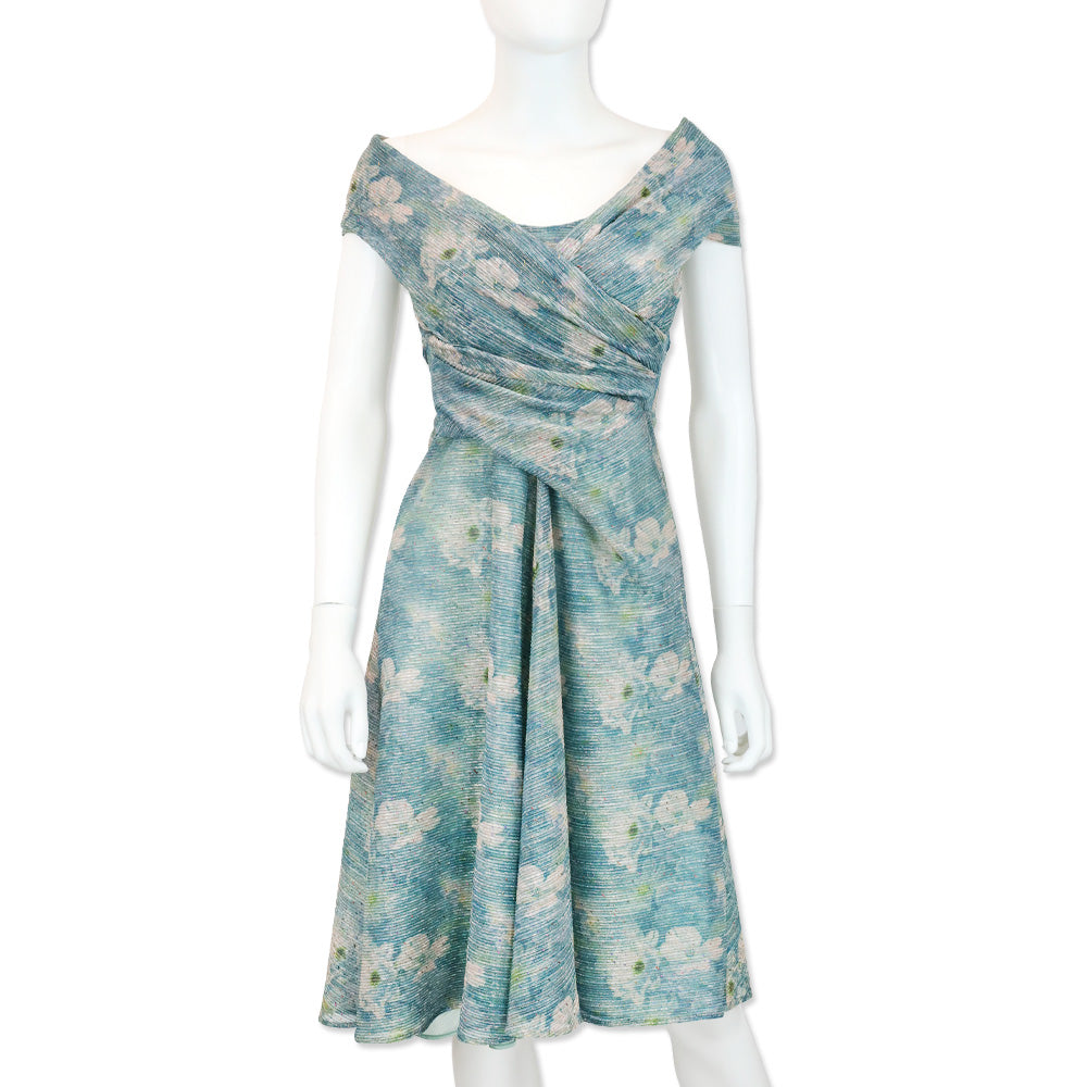 Talbot Runhof Iridescent Poppy-Print Draped Voile Sleeveless Dress