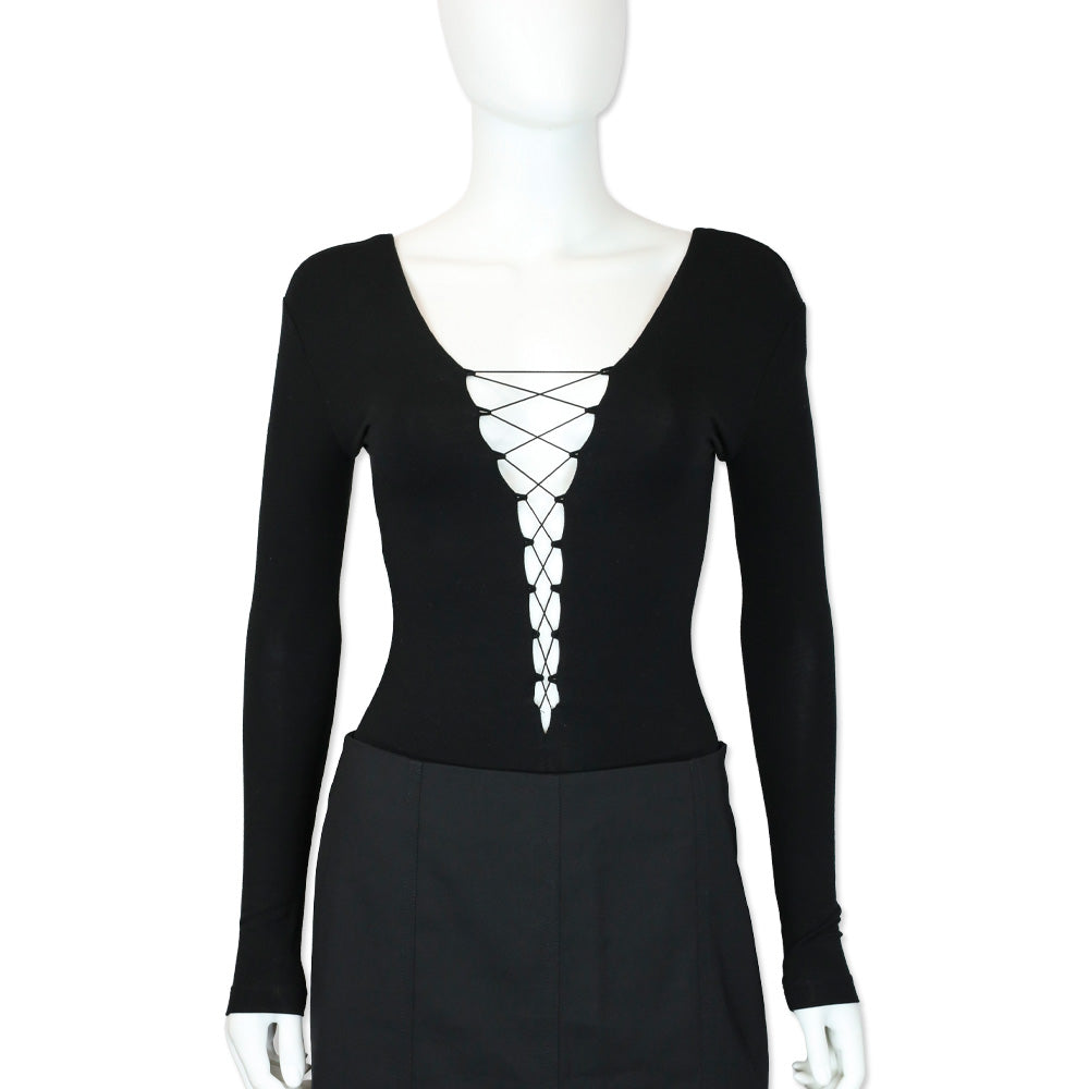 T by Alexander Wang Black Lace-Up Long Sleeve Bodysuit