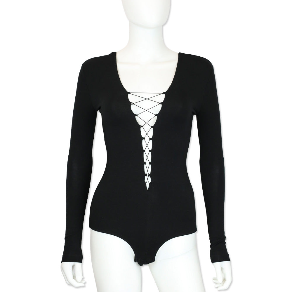 T by Alexander Wang Black Lace-Up Long Sleeve Bodysuit