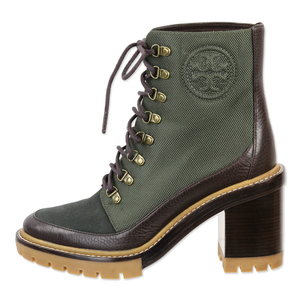 Tory Burch Miller Green Canvas Block Heeled Hiker Boots