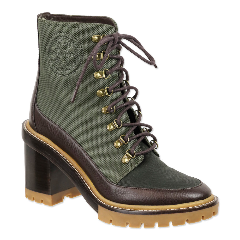 Tory Burch Miller Green Canvas Block Heeled Hiker Boots