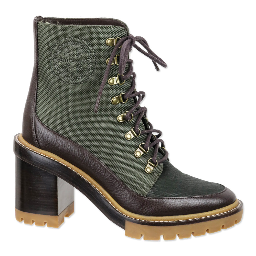 Tory Burch Miller Green Canvas Block Heeled Hiker Boots