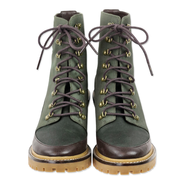Tory Burch Miller Green Canvas Block Heeled Hiker Boots