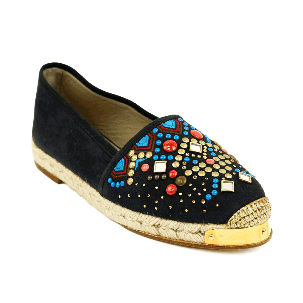 side view of Giuseppe Zanotti Drillas Embellished Navy Suede Espadrille Flats