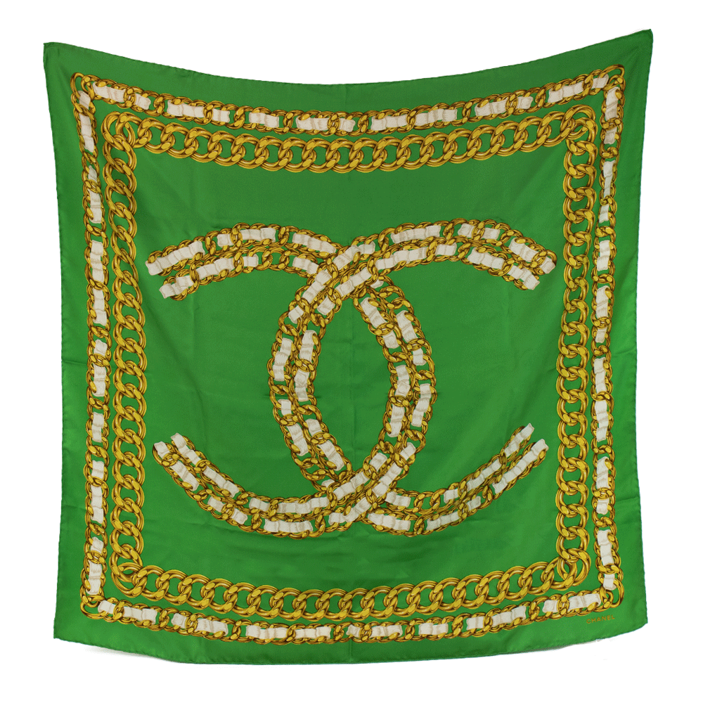 Chanel Vintage Green & Gold Chain Silk Square Scarf | DBLTKE
