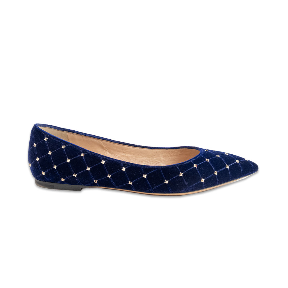 Valentino Blue Velvet Rockstud Pointed Toe Flats DBLTKE Luxury