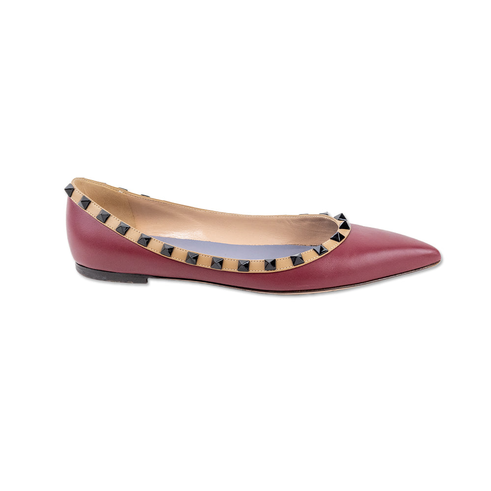 Valentino Garavani Burgundy Leather Rockstud Pointed Toe Ballet Flats DBLTKE Luxury Consignment Boutique