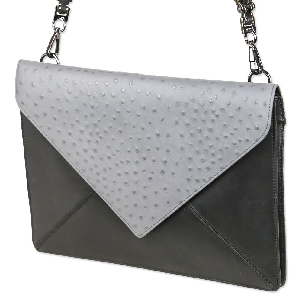 Worth New York Grey Ostrich Black Leather Envelope Crossbody