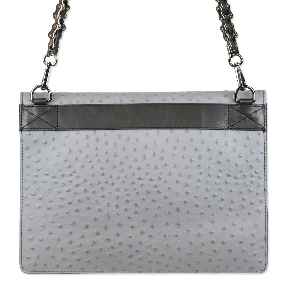 Worth New York Grey Ostrich Black Leather Envelope Crossbody