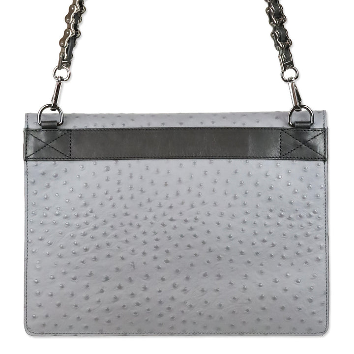 Worth New York Grey Ostrich Black Leather Envelope Crossbody