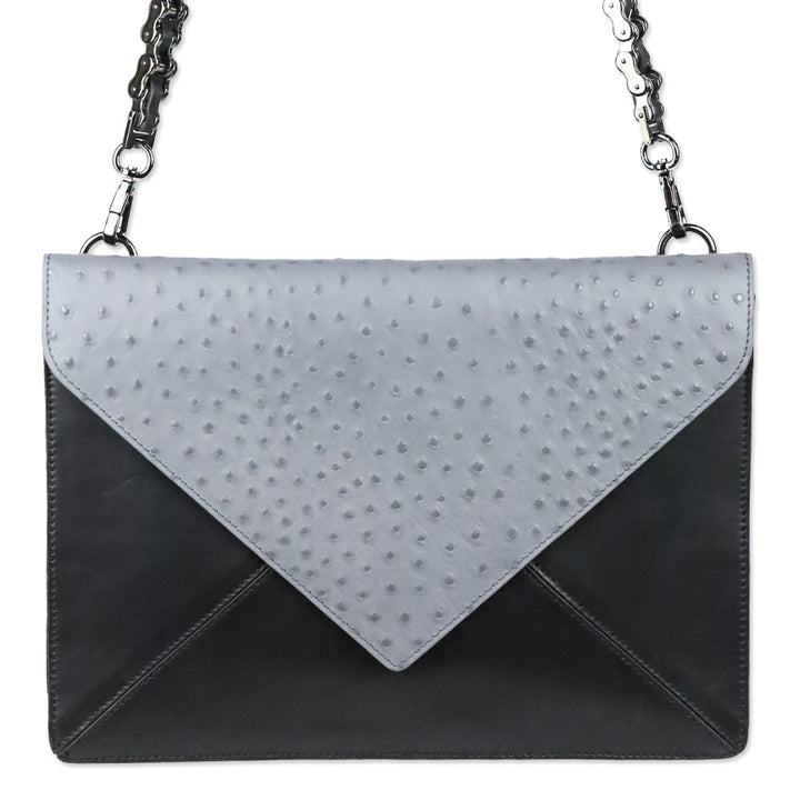 Worth New York Grey Ostrich Black Leather Envelope Crossbody