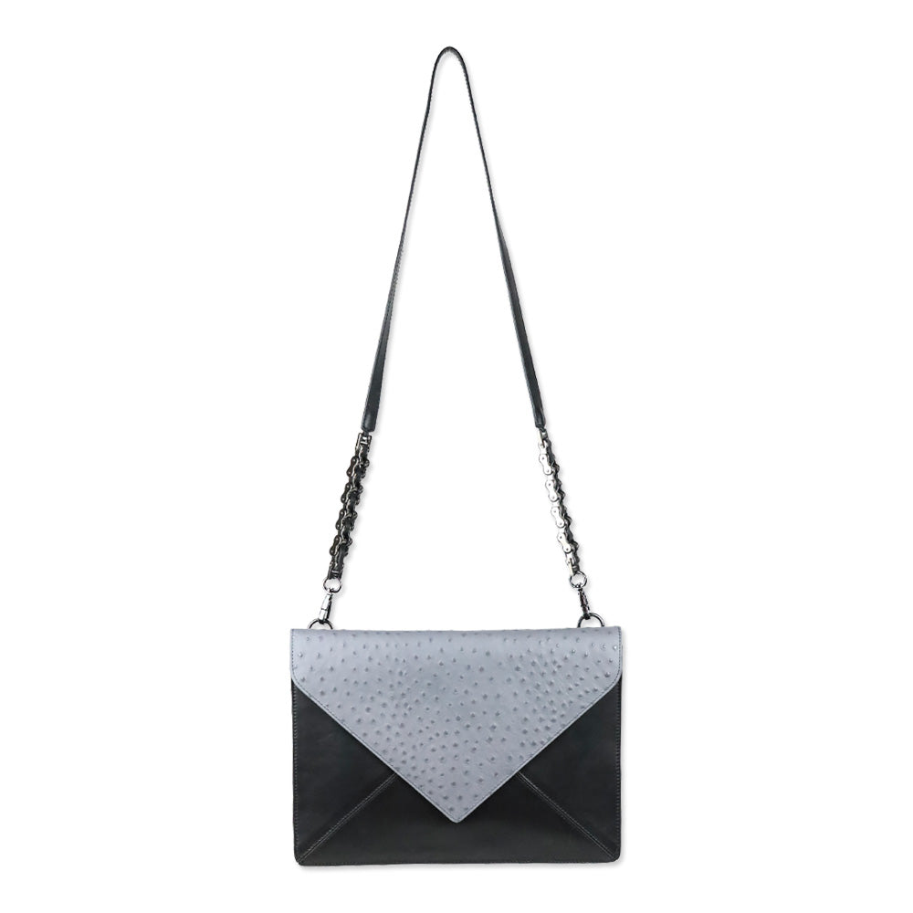 Worth New York Grey Ostrich Black Leather Envelope Crossbody