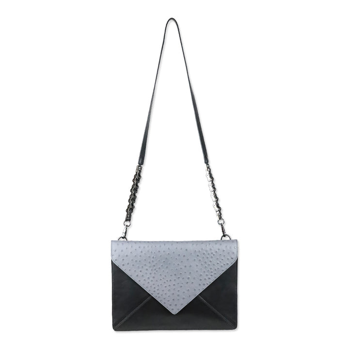Worth New York Grey Ostrich Black Leather Envelope Crossbody