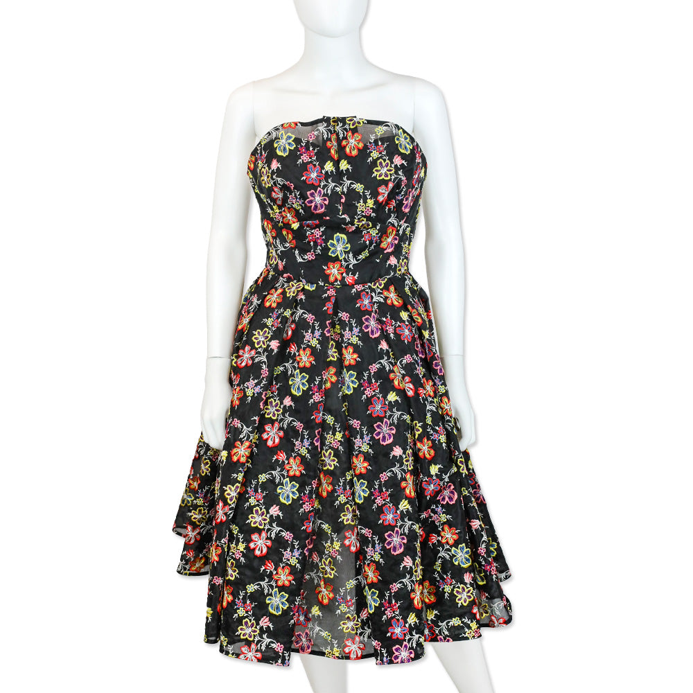 Zac Posen Multi Floral Embroidered Sheer Black Strapless Flare Midi Dr   DBLTKE