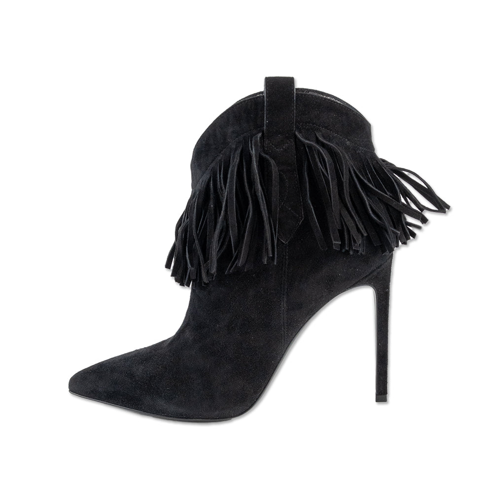 Saint Laurent Black Suede Fringed Stiletto Ankle Booties