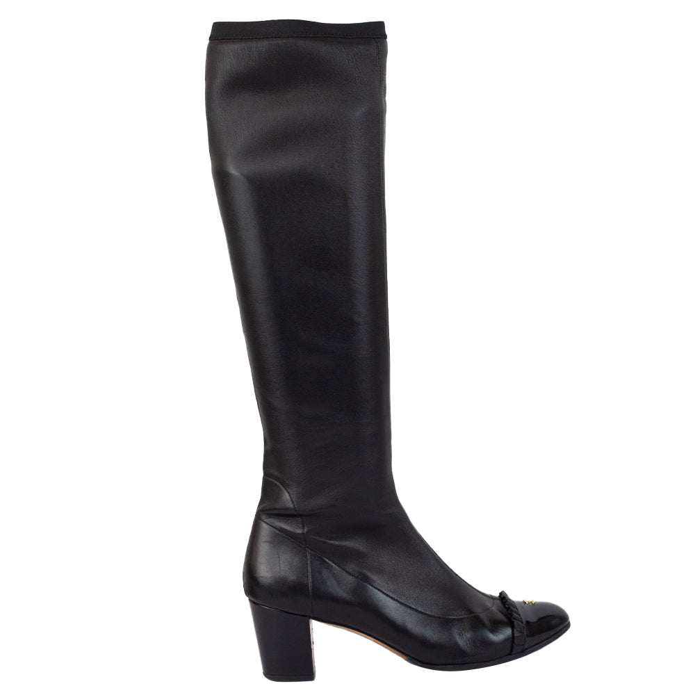 CHANEL ブラック アンクルブーツ 高ヒール Mid-calf boots - Stretch lambskin & patent calfskin, black