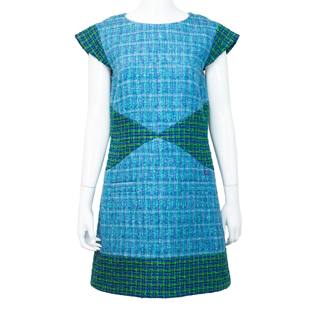 Chanel Blue & Green Tweed Shift Dress | DBLTKE Luxury Consignment Boutique Chanel Blue & Green Tweed Shift Dress | DBLTKE Luxury Consignment Boutique