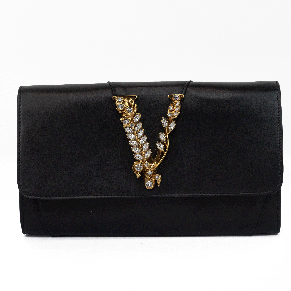 Versace Virtus Black Leather Crystal Clutch DBLTKE Luxury