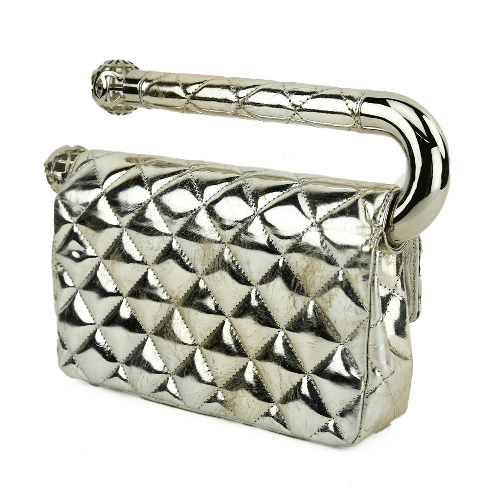 Back view of Chanel Around The World Silver Quilted Clutch