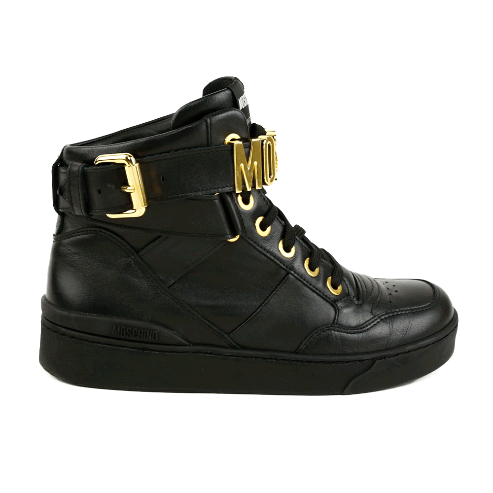 Moschino Black Leather Logo Strap High Top Sneakers | DBLTKE