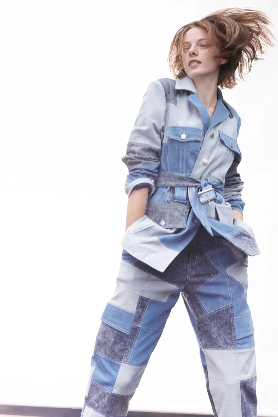 Stella McCartney Net Sustain Belted Patchwork Denim Jacket