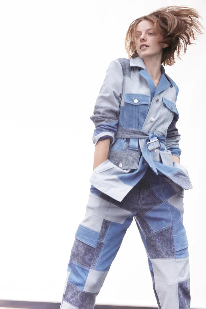 Stella McCartney Net Sustain Belted Patchwork Denim Jacket